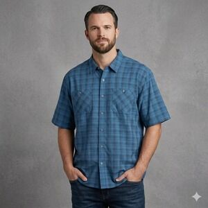New Orvis Mens Size XXL Blue Plaid Short Sleeve Shirt Tech Button Up Fishing